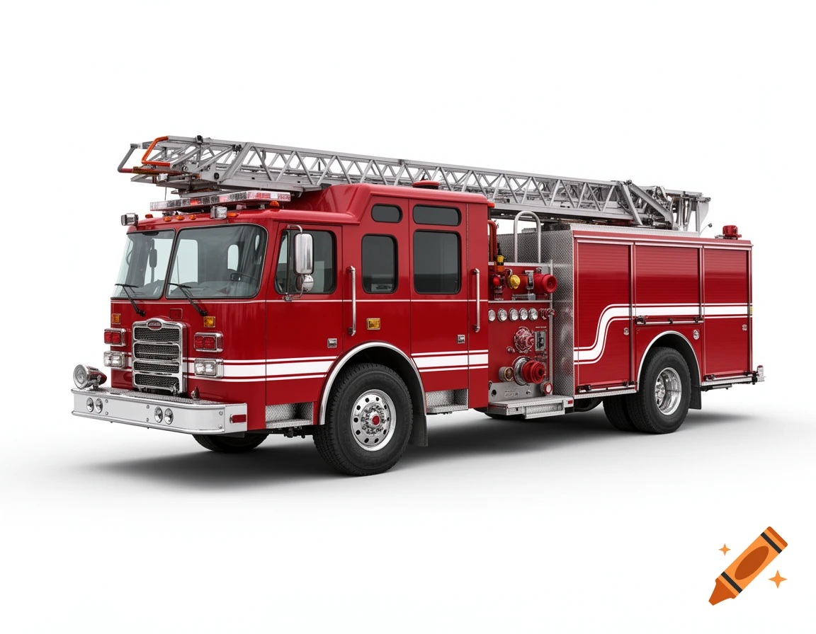 A photorealistic red fire truck with an extension ladder on its roof, parked against a white background.