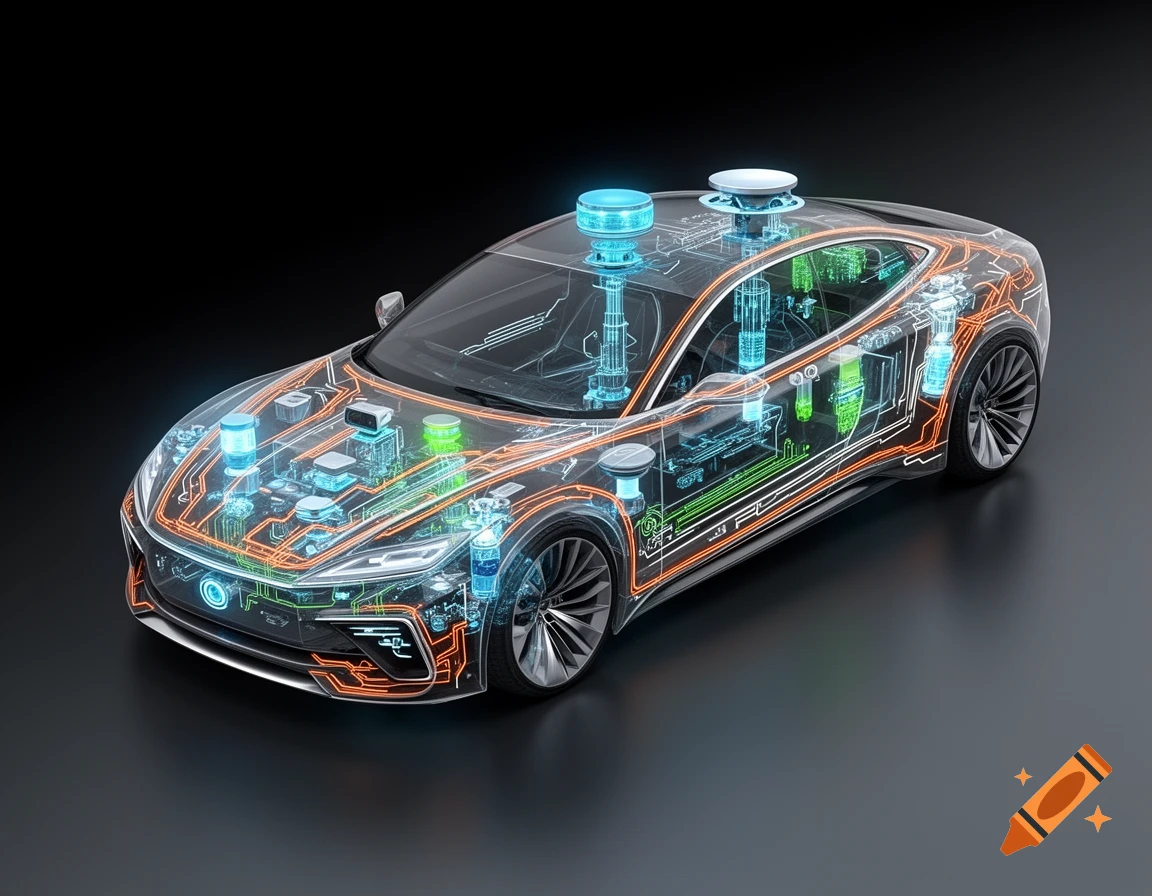 Translucent Automotive Front Module A transparent, futuristic car with glowing internal circuits and ...
