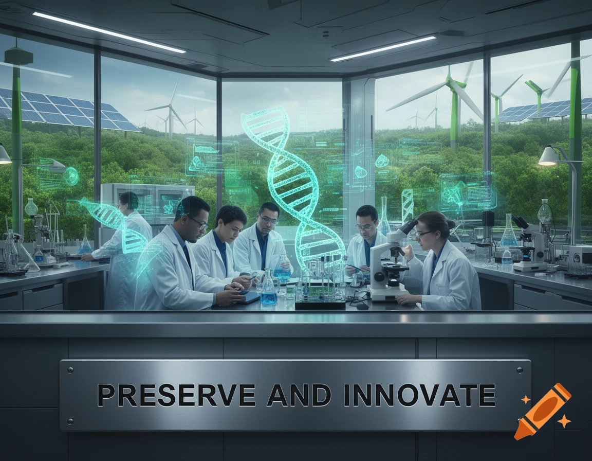 Scientists in a futuristic lab with holographic DNA, overlooking solar panels and wind turbines. A plaque reads 'PRESERVE AND INNOVATE'.