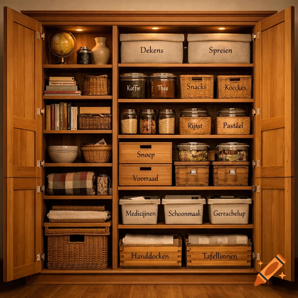 An open wooden cupboard, neatly organized with shelves and containers labeled in Dutch for items like blankets, coffee, snacks, rice, medicines, and cleaning supplies.