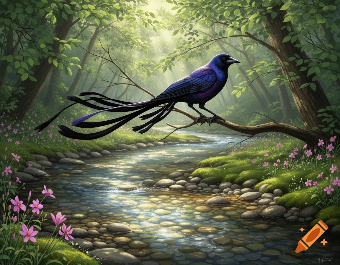 A majestic purple and blue long-tailed bird perches on a branch over a sunlit stream in a lush forest with pink flowers. Illustration.