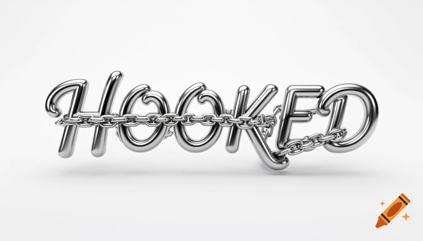 The word 'HOOKED' rendered in shiny silver chrome script lettering with metal chains connecting the letters on a clean white background.