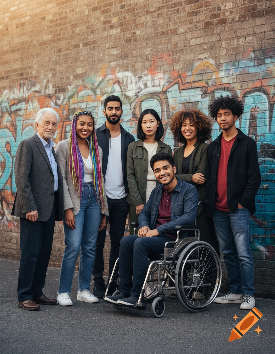 A diverse group of seven people, including an elderly man and a man in a wheelchair, stand smiling in front of a brick wall with colorful graffiti.