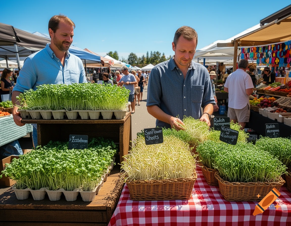 Two men selling various sprouts and microgreens at a vibrant outdoor farmers market on a sunny day.