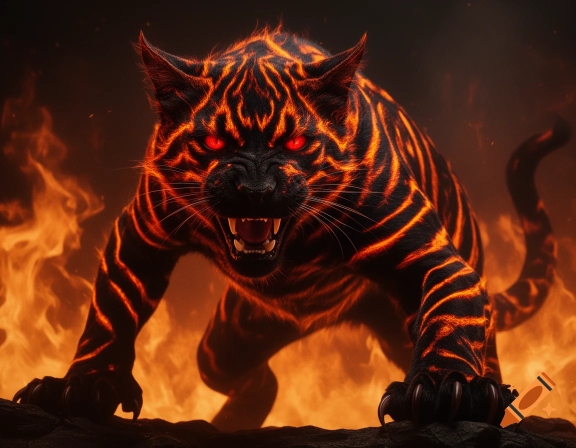 A fierce, dark cat-like creature with glowing red eyes and fiery orange stripes, snarling amidst flames.