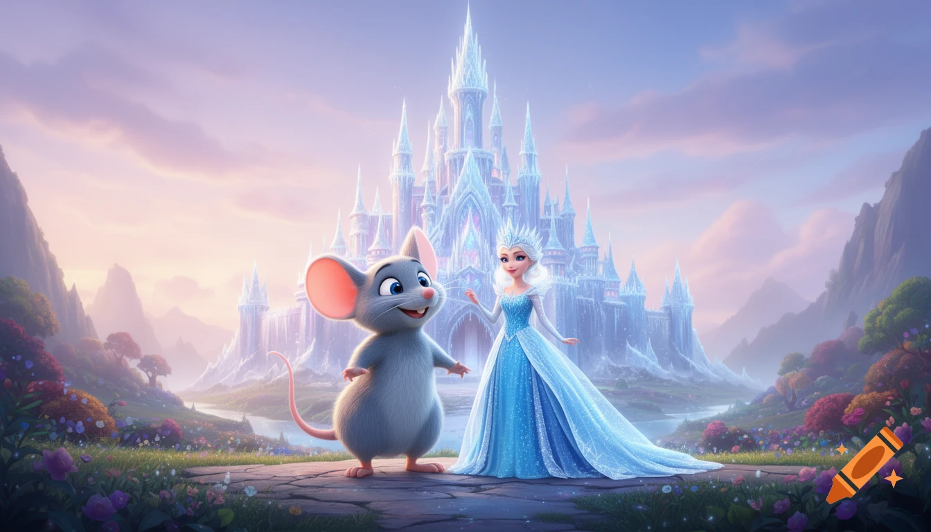 A cartoon mouse and an elegant ice princess stand before a sparkling ice castle in a vibrant, dreamy fantasy landscape with pastel skies.