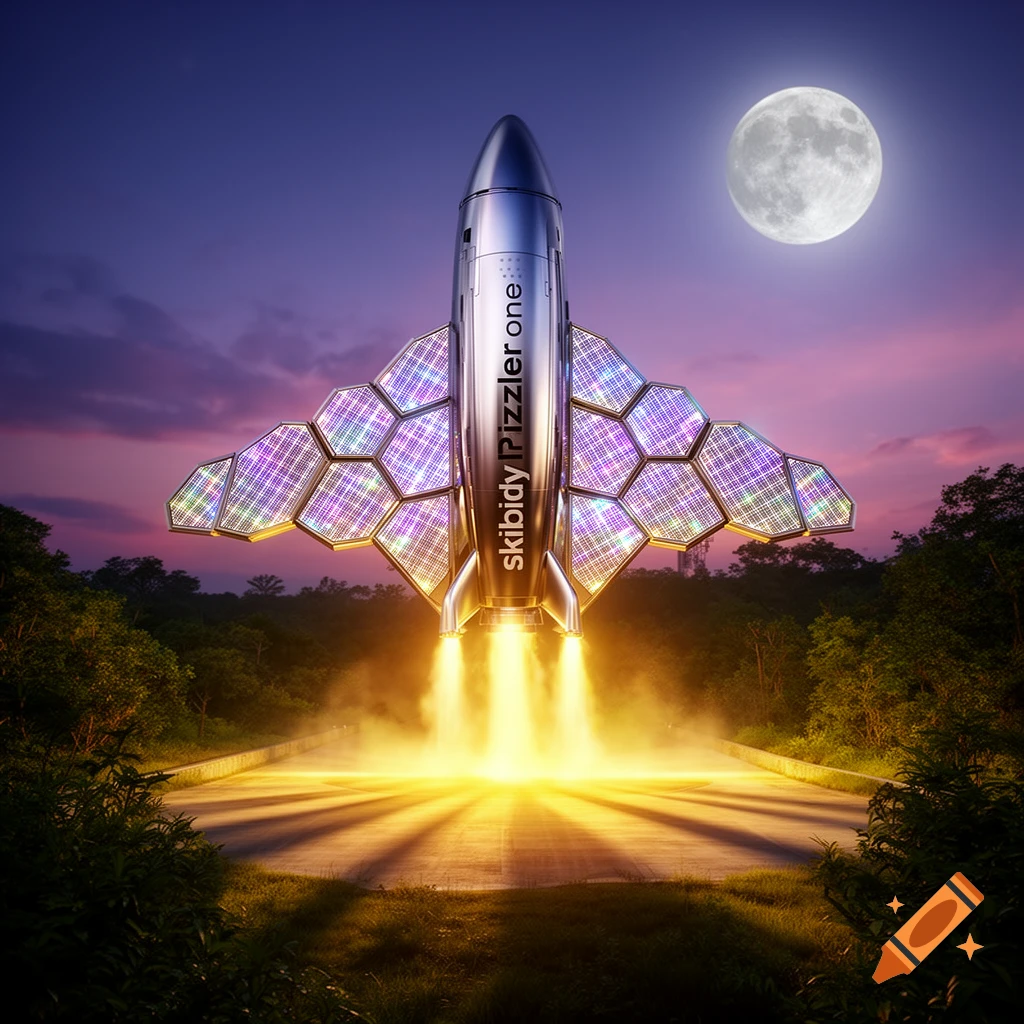 A silver rocket with glowing, hexagonal solar panel wings launches from a forest at twilight under a full moon, with bright engine flames.