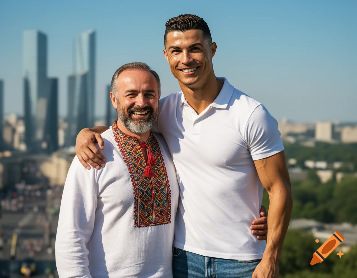 Photorealistic portrait of Cristiano Ronaldo and another man in a traditional embroidered shirt hugging and smiling outdoors with a city skyline.