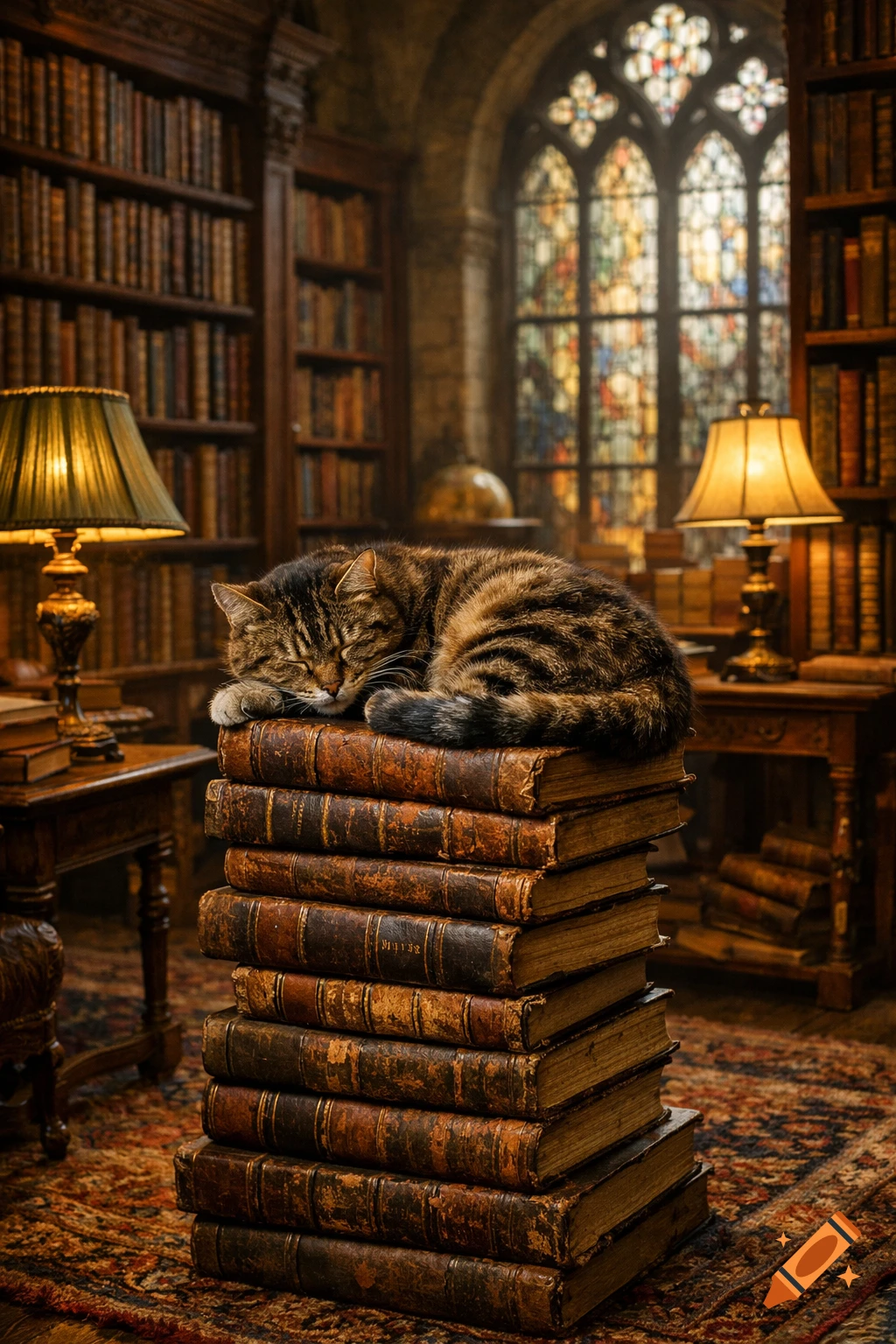 A photorealistic image of a tabby cat sleeping curled up on a stack of antique books in a grand library with a stained-glass window.