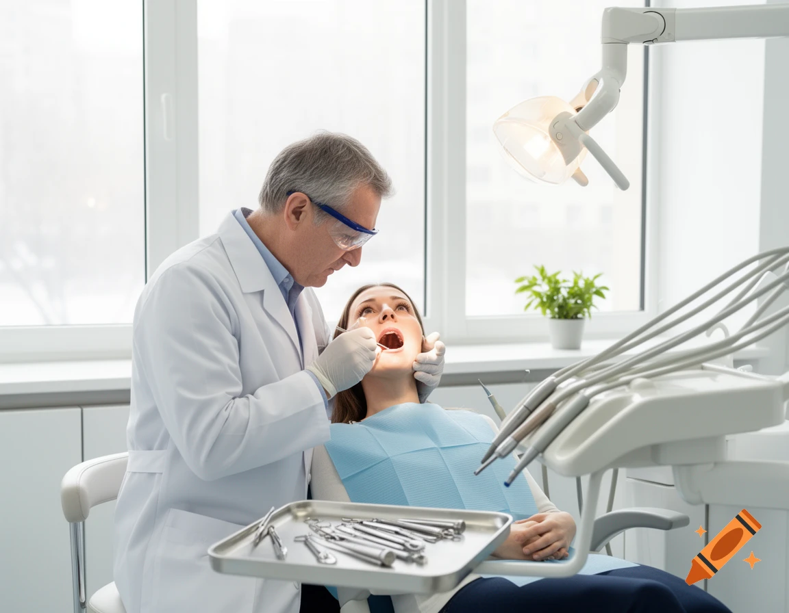 A male dentist in a white coat and safety glasses examines a female patient's teeth in a brightly lit dental office.