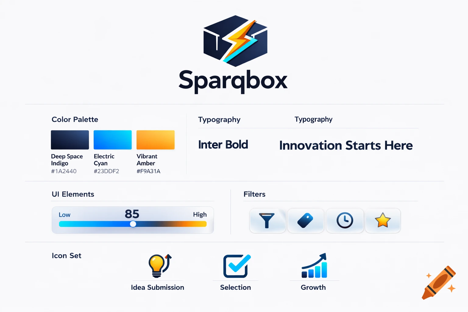 Brand identity style guide for 'Sparqbox' with a logo, color palette, typography, UI elements, and icons in a clean, modern design.