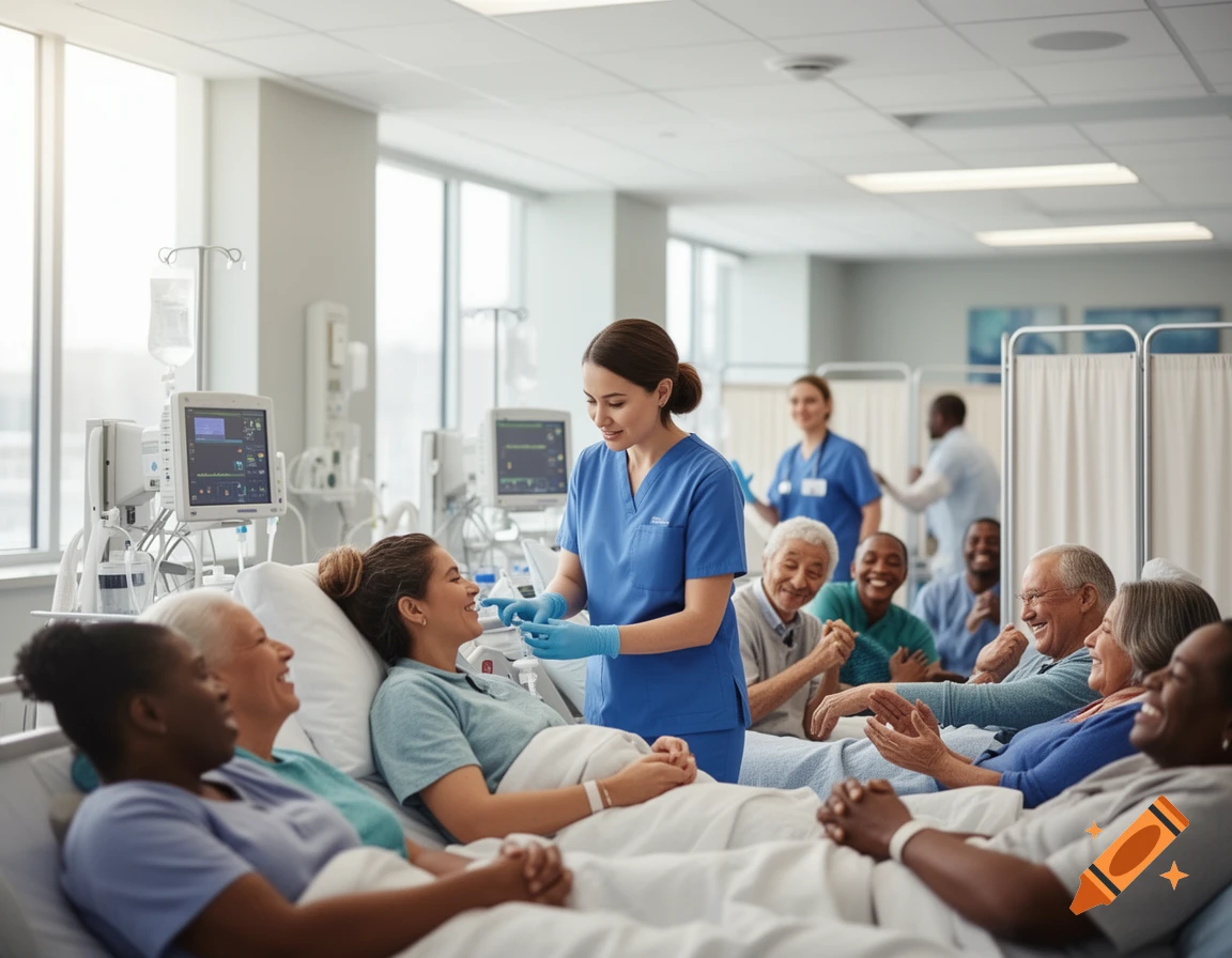 A smiling nurse in blue scrubs assists a young female patient in a bed, with other diverse patients and staff nearby in a bright hospital room.