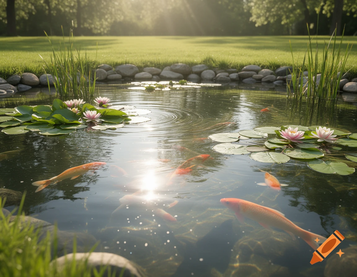 Photorealistic image of a sunny koi pond with pink water lilies, green lily pads, and lush grass in the background.