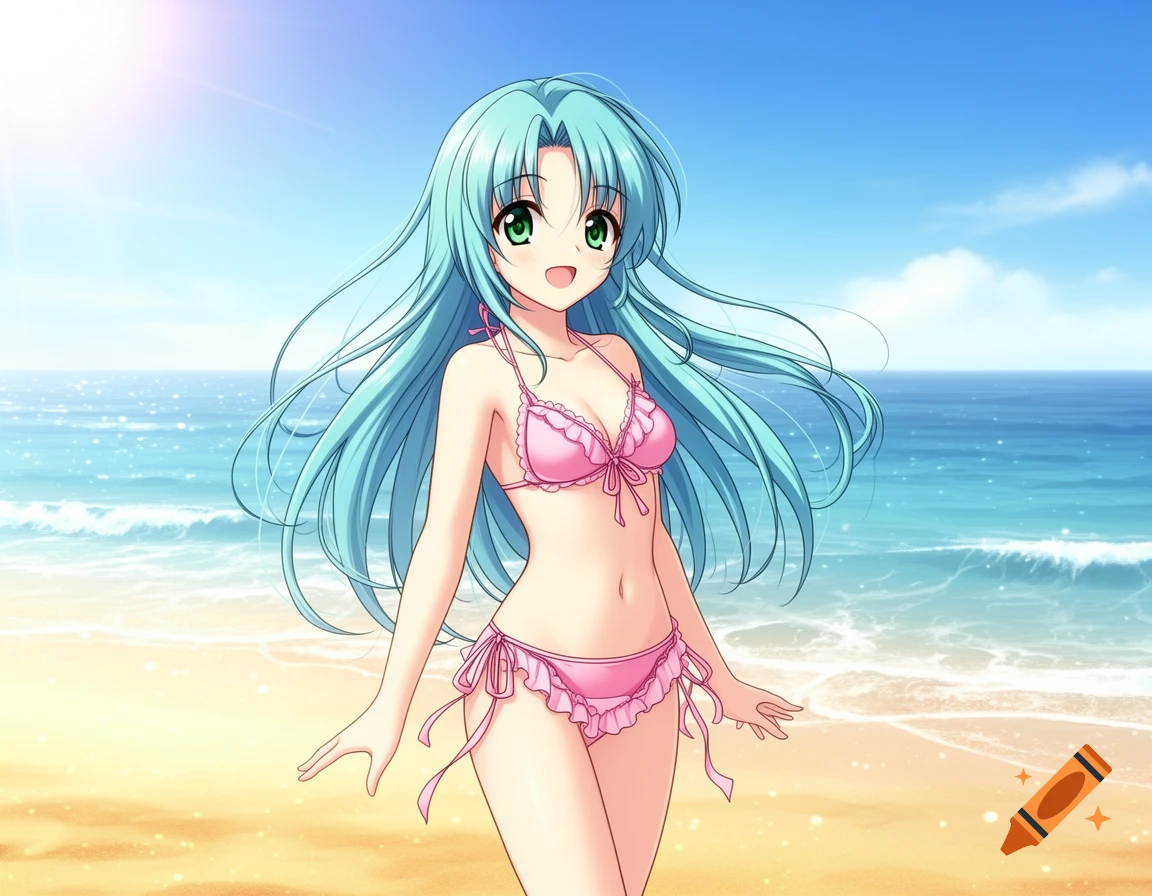 Anime girl with light blue hair and green eyes, wearing a pink bikini, stands smiling on a sunny beach with the ocean behind her.