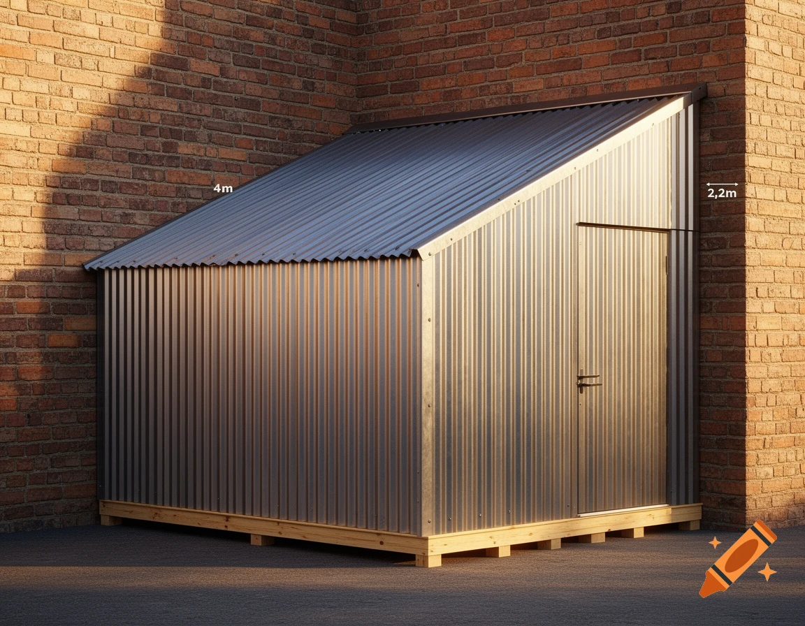 A photorealistic corrugated metal shed with a wooden foundation leans against a brick wall, measuring 4m long and 2.2m high on the wall side.