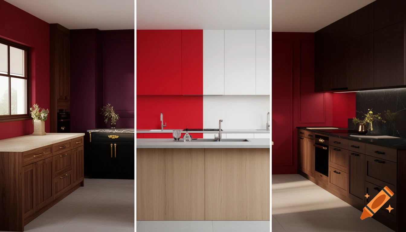 Three distinct modern kitchen designs displayed side-by-side, featuring various wall colors, cabinetry, and countertops.