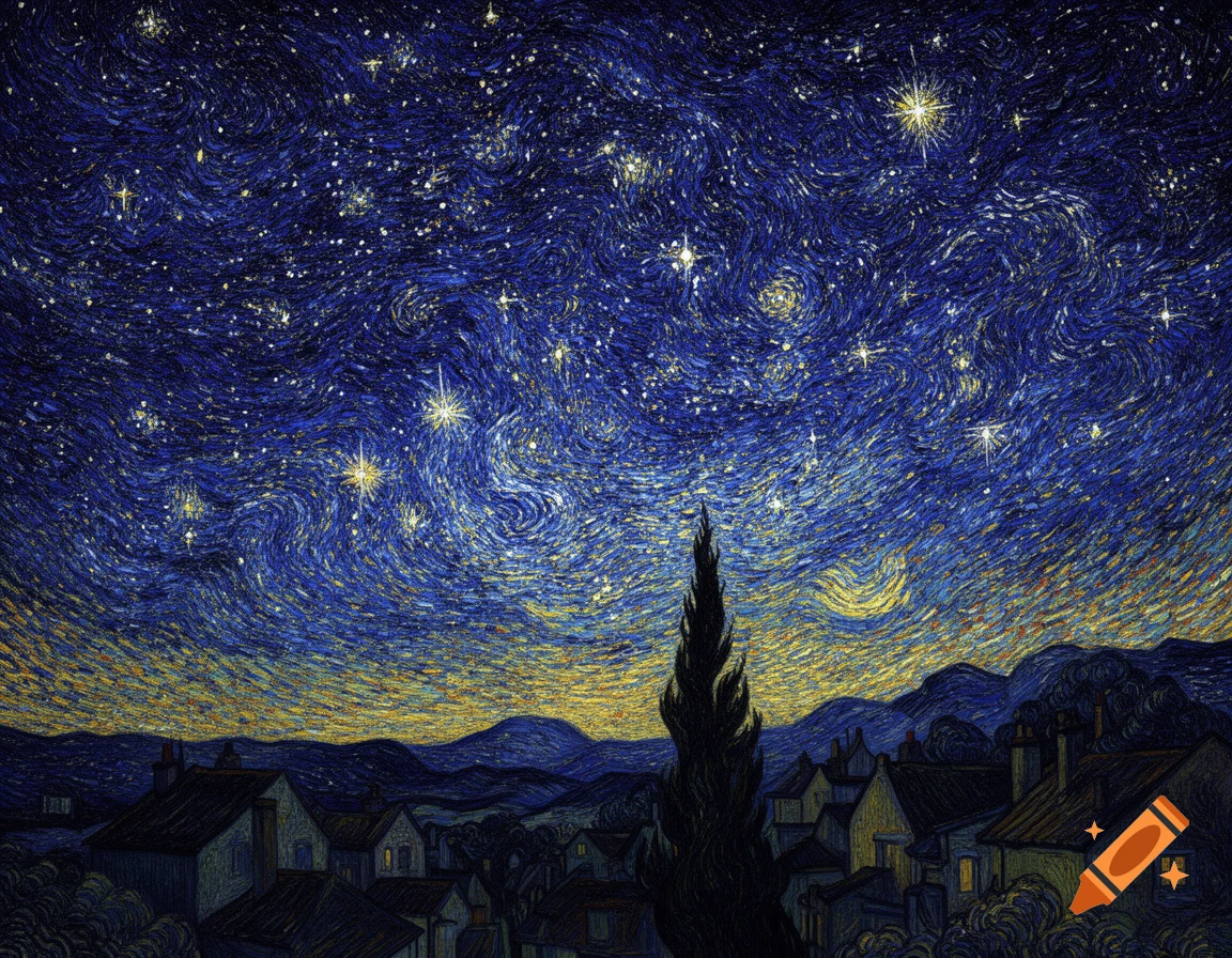 A painting in Vincent van Gogh's style depicting a swirling starry night sky over a dark village and mountains.