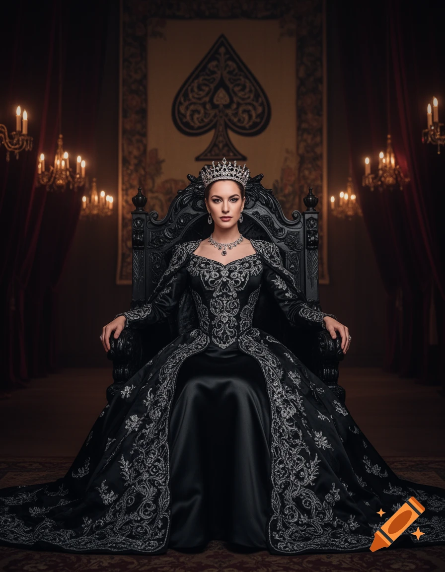 A queen in an elaborate black gown with silver embroidery, wearing a crown and necklace, sits on a dark throne under a tapestry with a spade symbol.
