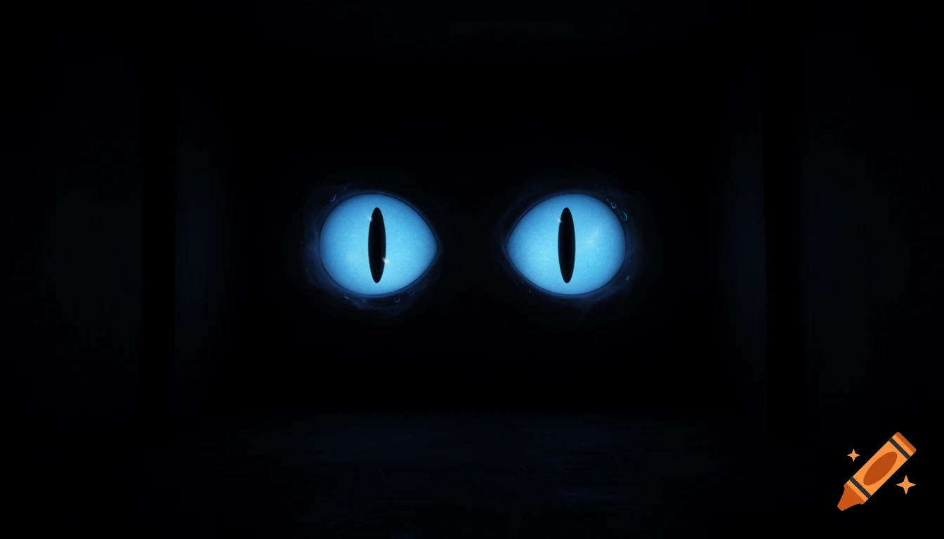 Two glowing blue cartoon eyes with black slit pupils peer from a dark room.