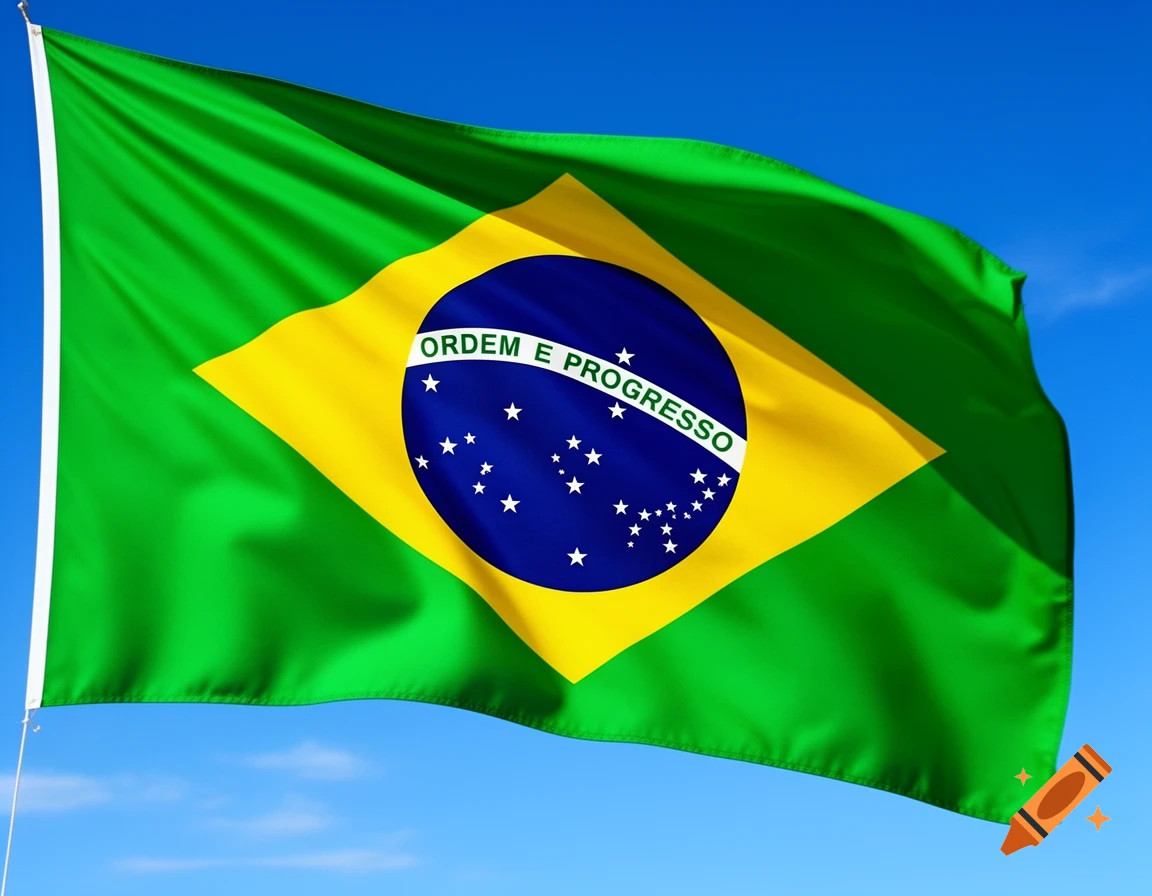 A vibrant green and yellow Brazilian flag waves against a clear blue sky.