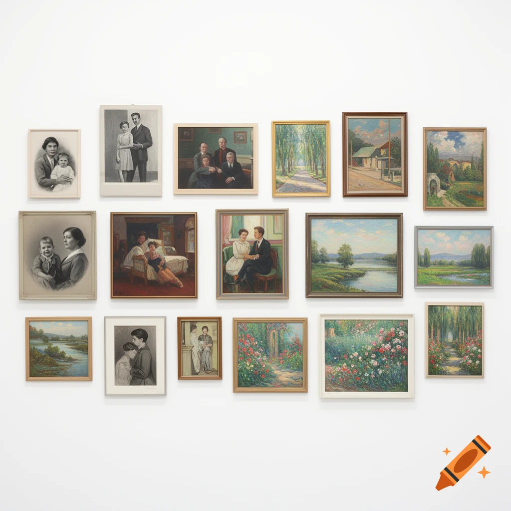 A gallery wall featuring a diverse collection of framed nostalgic paintings in various sizes, on a white background.