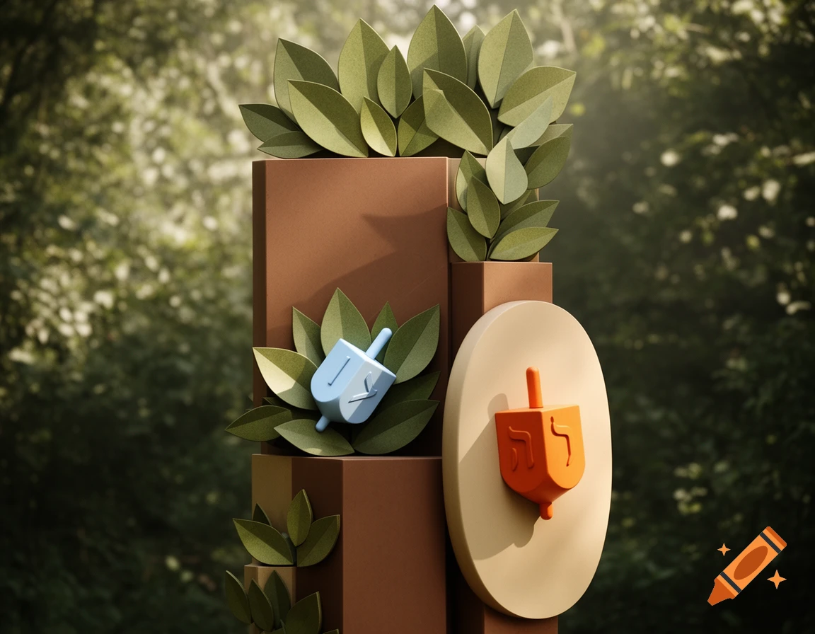 Stylized blue and orange dreidels with paper leaves and brown geometric blocks against a blurred green background.