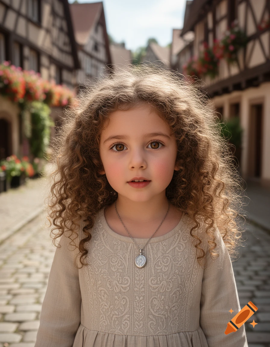 Photorealistic portrait of a young girl with curly hair standing on a cobblestone street in an old European town.