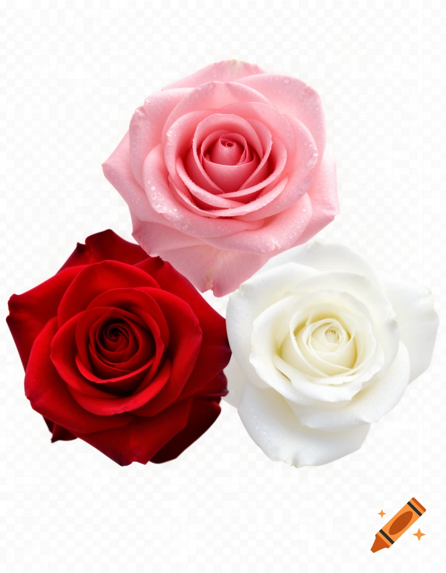 Three vibrant roses: red, pink, and white, with dew drops on a transparent background.