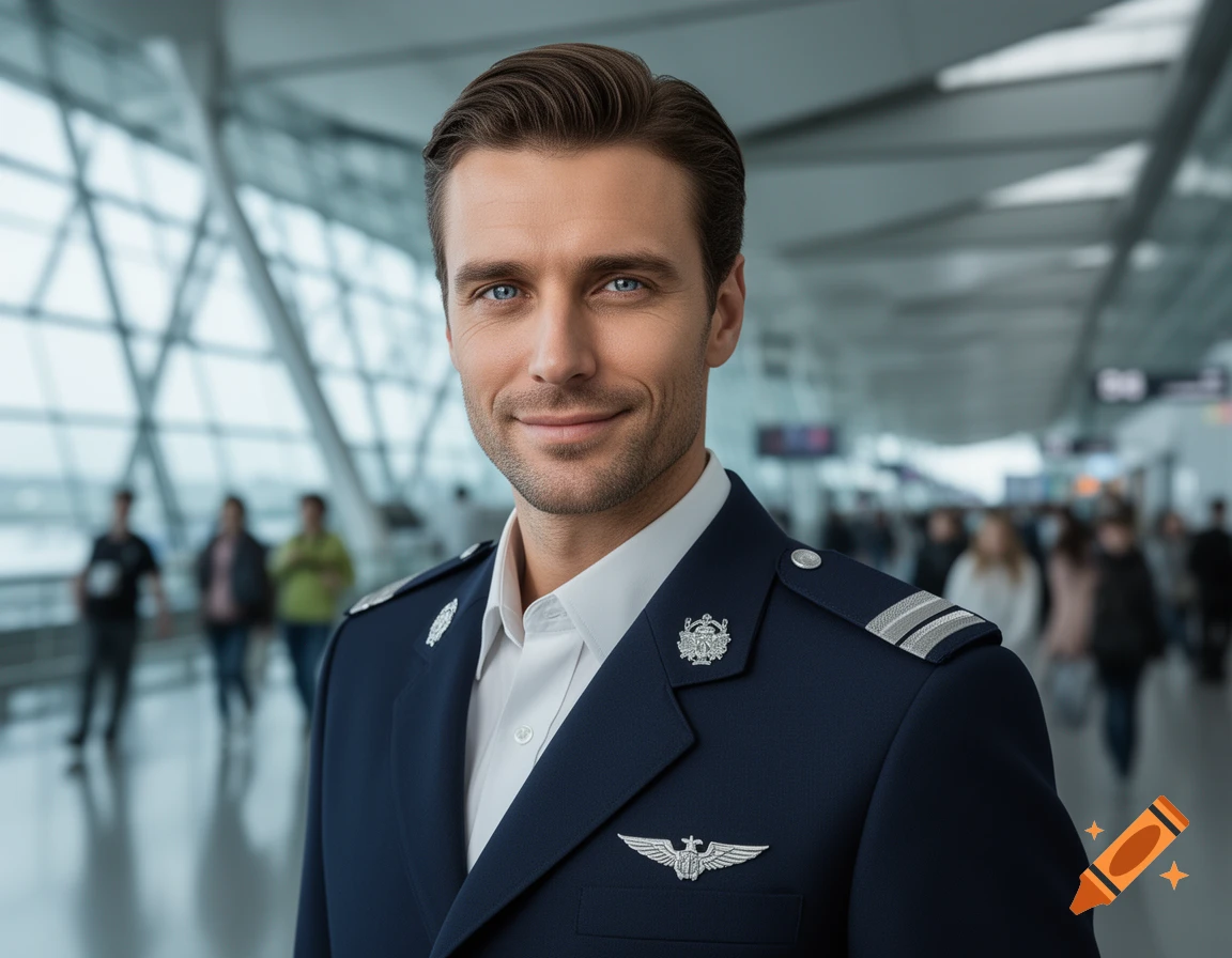 Photorealistic portrait of a smiling man in a navy pilot uniform with blue eyes, standing in an airport terminal.