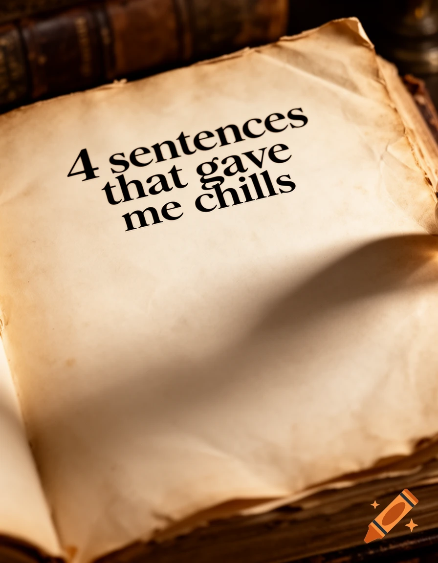 An open, aged book displays the bold title '4 sentences that gave me chills' on its blank page, with other blurred books in the background.