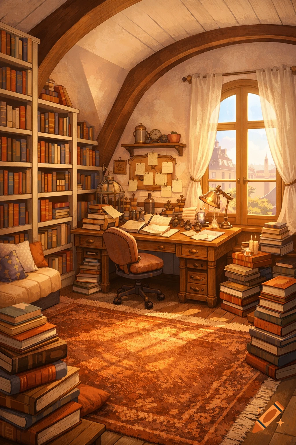 A cozy attic study room bathed in warm sunlight, with overflowing bookshelves, a wooden desk with open books, and stacks of books on an orange rug.
