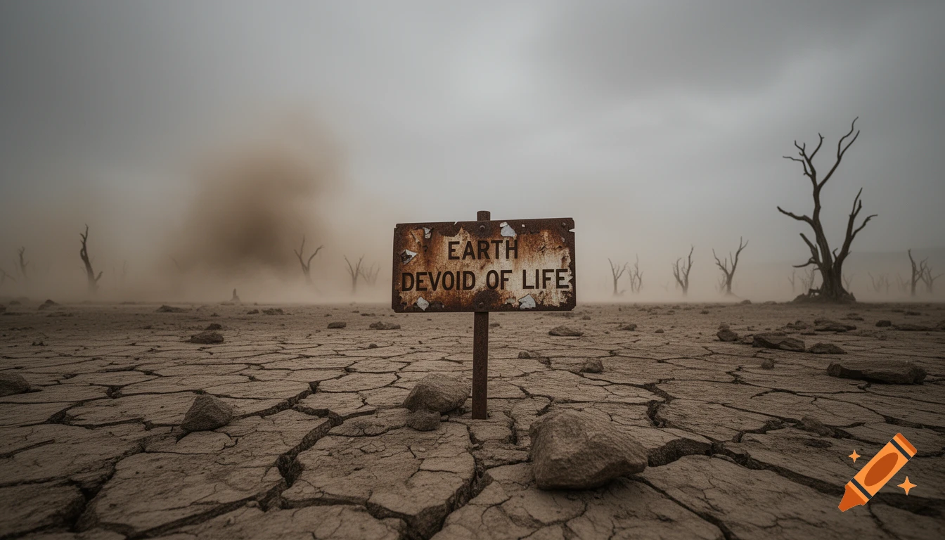 Photorealistic image of a desolate, cracked earth landscape with skeletal trees under a hazy sky, a sign reads 'EARTH DEVOID OF LIFE'.