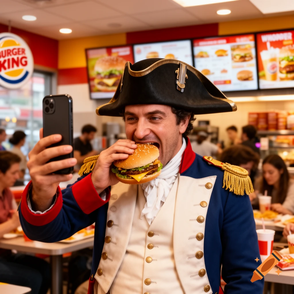 Man dressed as Napoleon Bonaparte eats a burger while taking a selfie in a Burger King.