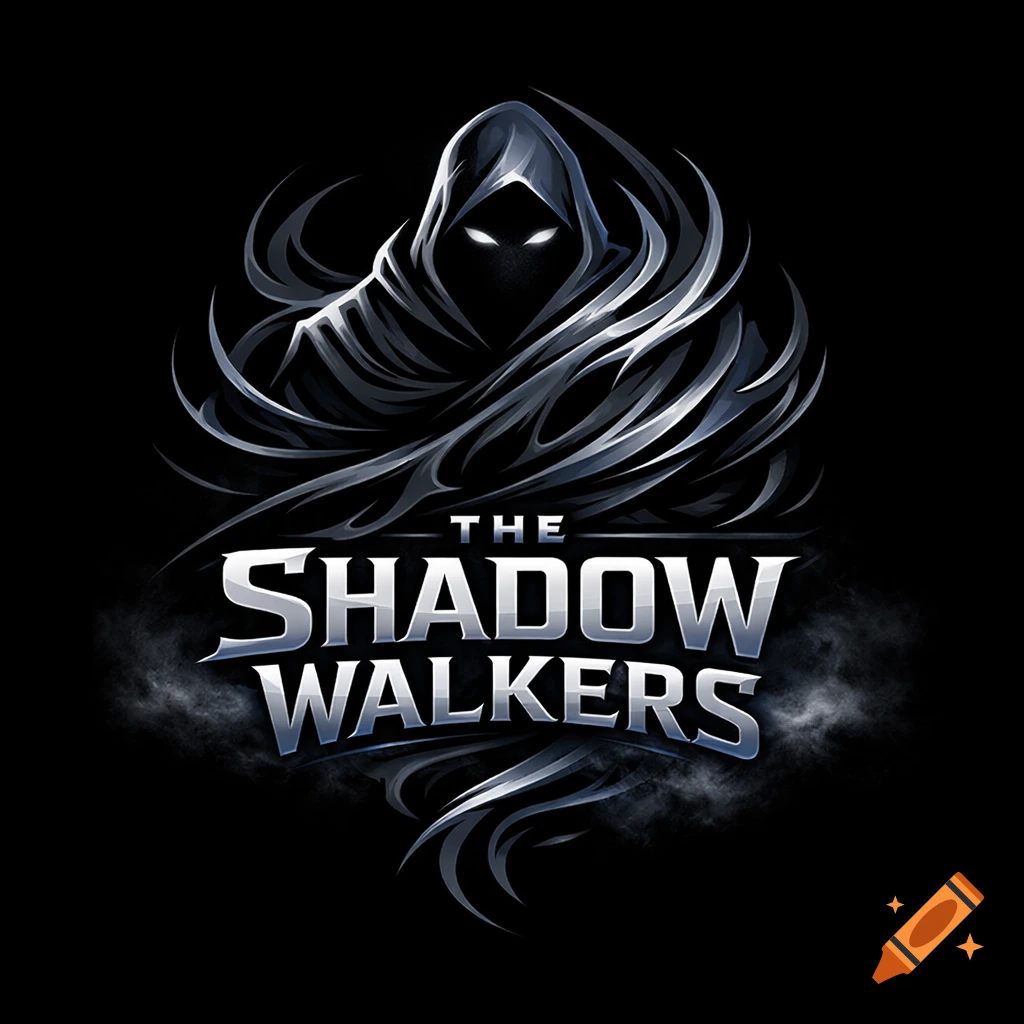 A dark, stylized logo featuring a hooded figure with glowing eyes above the text "THE SHADOW WALKERS" amidst swirling smoke.