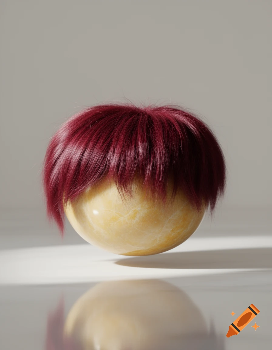 A polished, slightly yellowish marble sphere with a full head of deep maroon red hair, reflecting on a white surface.