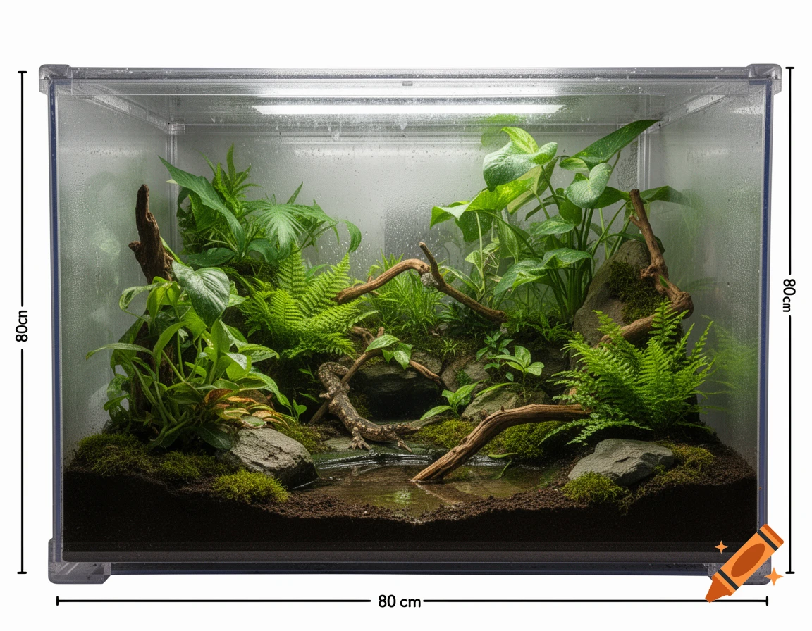 Photorealistic image of a tropical terrarium with lush green plants, mossy ground, rocks, a small pool, and a lizard.