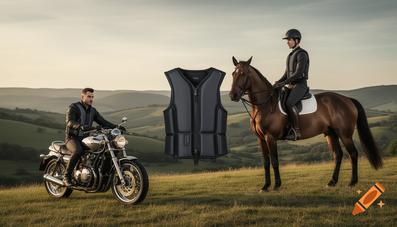 A man on a motorcycle and a man on a horse, both wearing airbag vests, flank a floating airbag vest against a rolling green hills background.