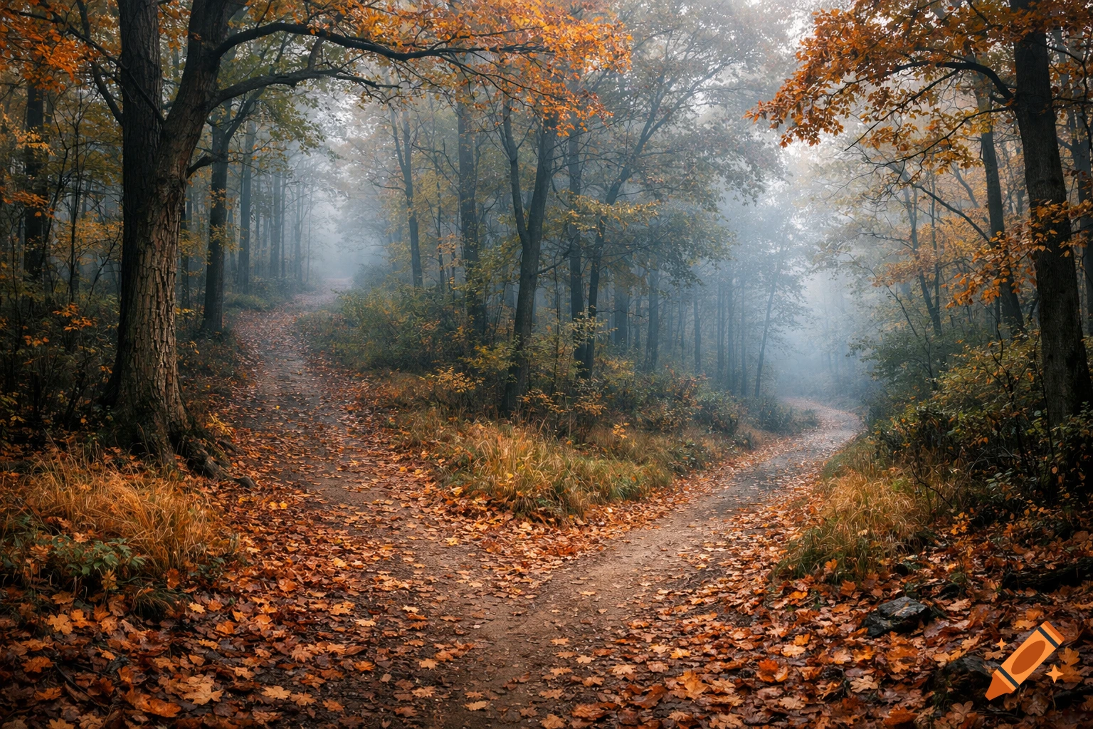A foggy autumn forest with a dirt path covered in orange leaves splitting into two different directions under a canopy of trees.