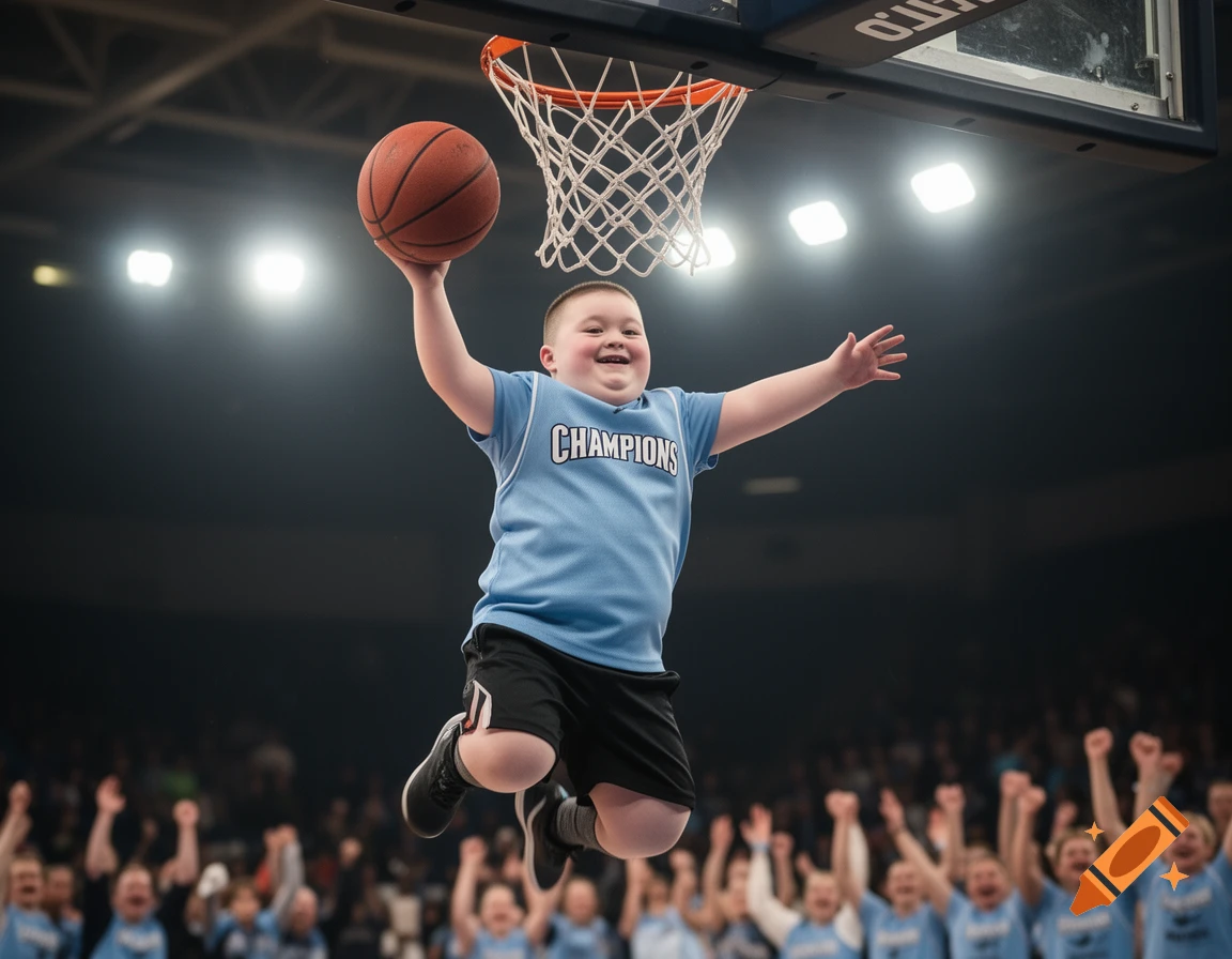 A smiling young boy in a blue jersey dunks a basketball in a brightly lit arena as a crowd cheers.