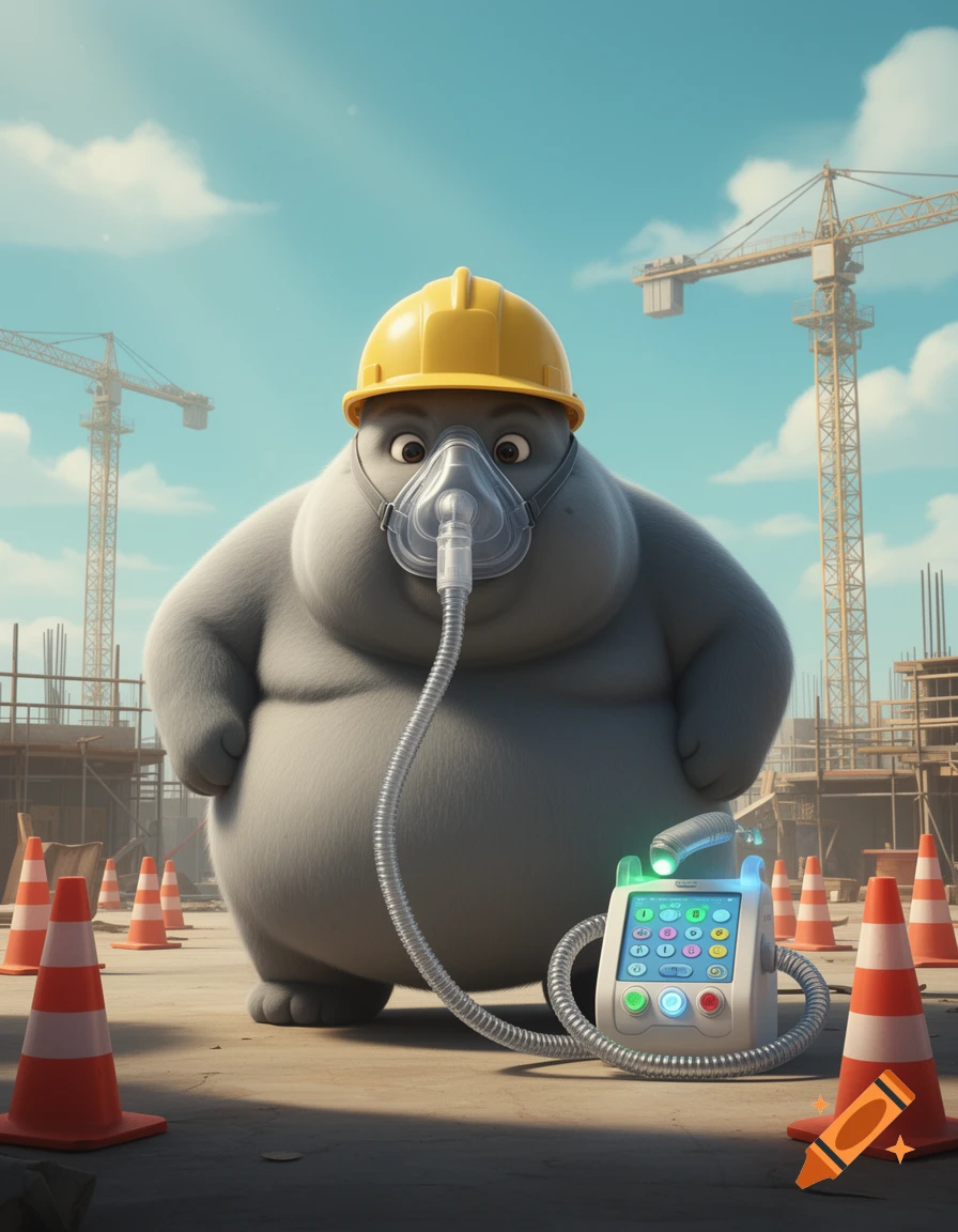 A fluffy gray cartoon character wearing a yellow hard hat and an oxygen mask attached to a CPAP machine on a construction site.