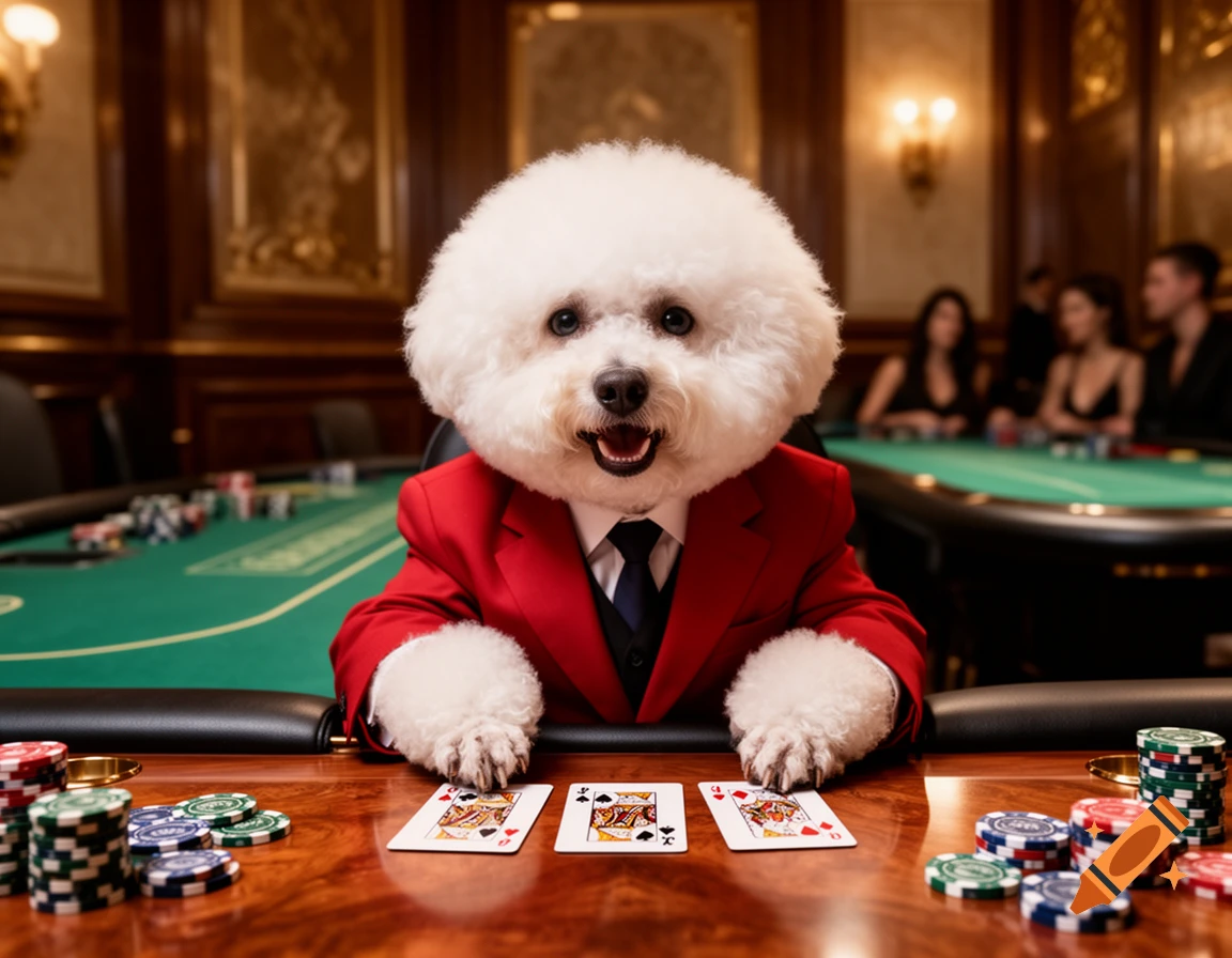A fluffy white bichon dog in a red suit and tie sits at a poker table with cards and chips in a luxurious casino.
