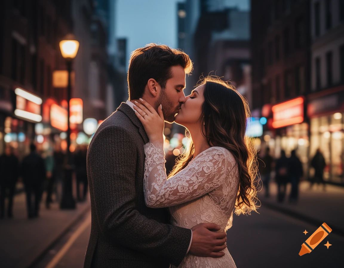 A man and woman kiss passionately on a city street at dusk, with warm glowing lights blurring in the background.