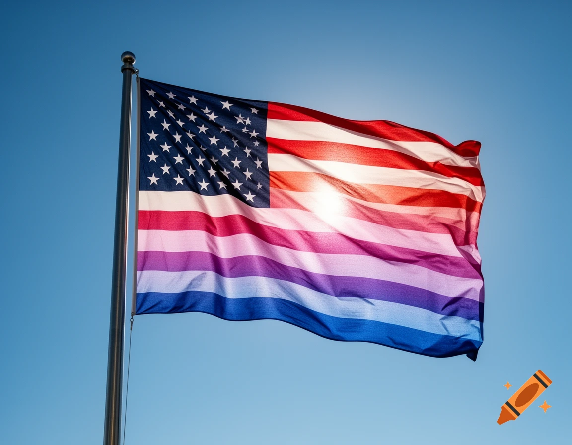 A redesigned USA flag with rainbow stripes, resembling the bisexual pride flag, waves against a clear blue sky.
