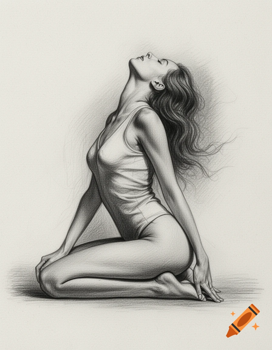 Pencil drawing of a woman kneeling, head tilted back with closed eyes, wearing a white tank top and briefs, on a neutral background.