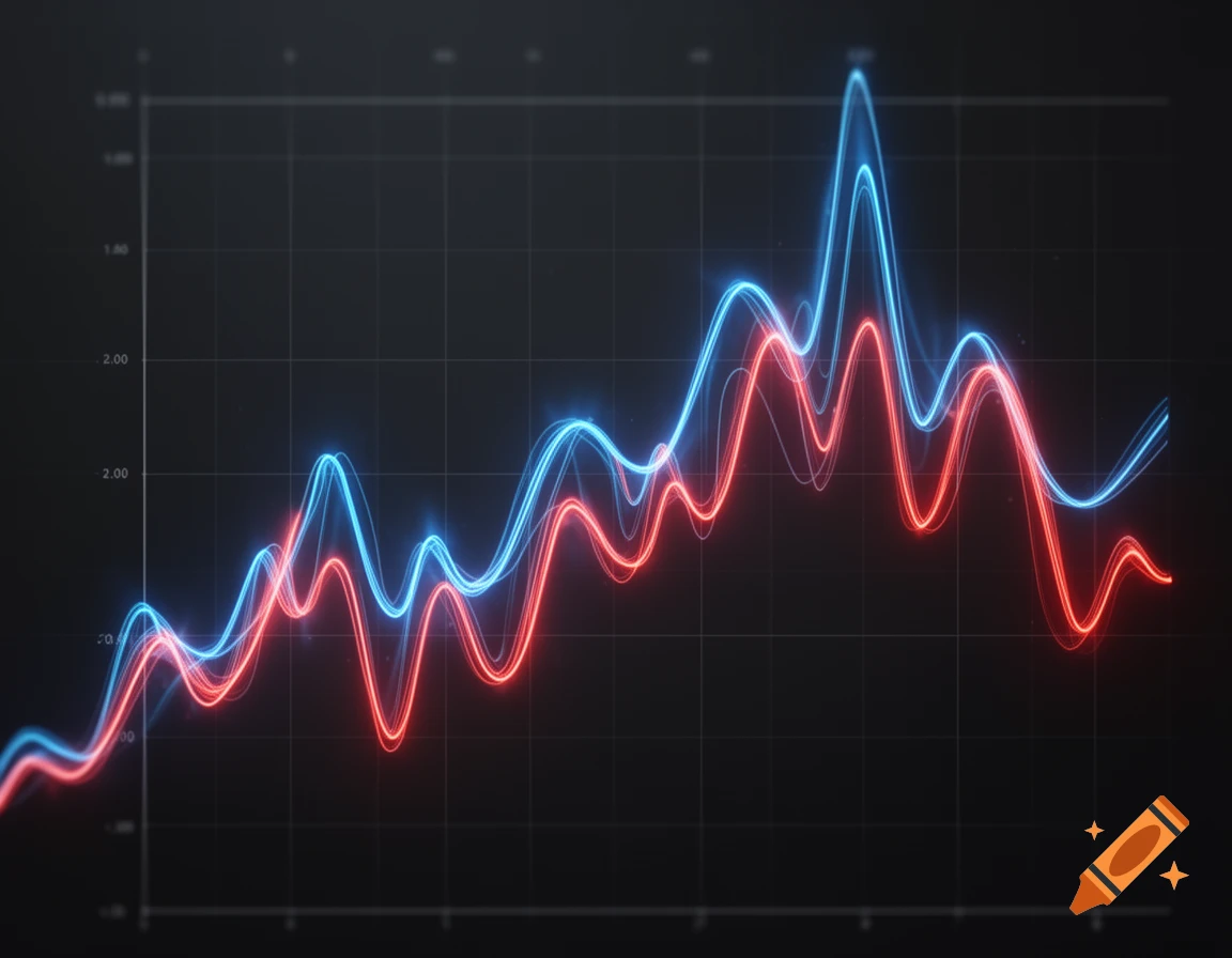 A dark background with a neon blue and red line graph showing fluctuating data, with a grid and axis labels.