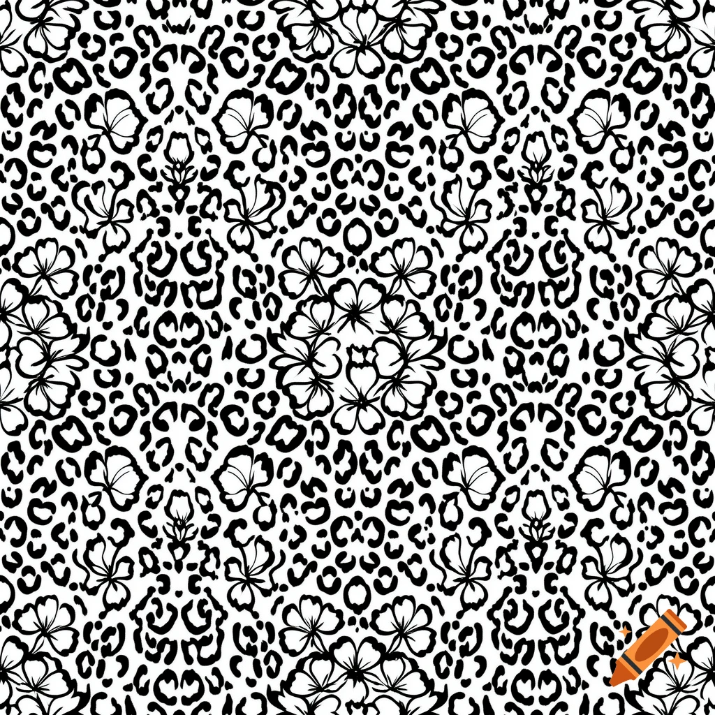 Seamless black and white pattern of stylized leopard spots combined with abstract floral shapes.