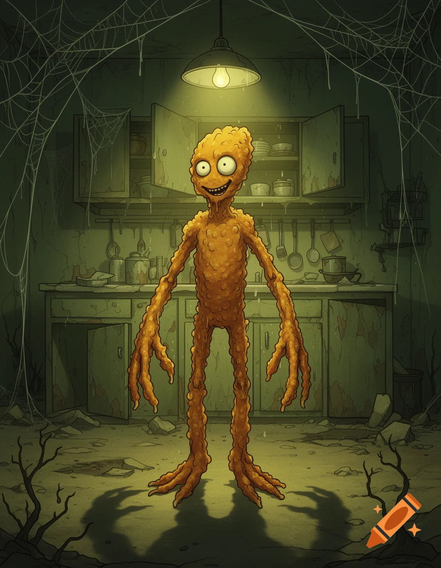 A creepy, elongated, chicken-nugget-like creature with large eyes and a wide smile stands in a dilapidated, cobweb-filled kitchen under a single light.
