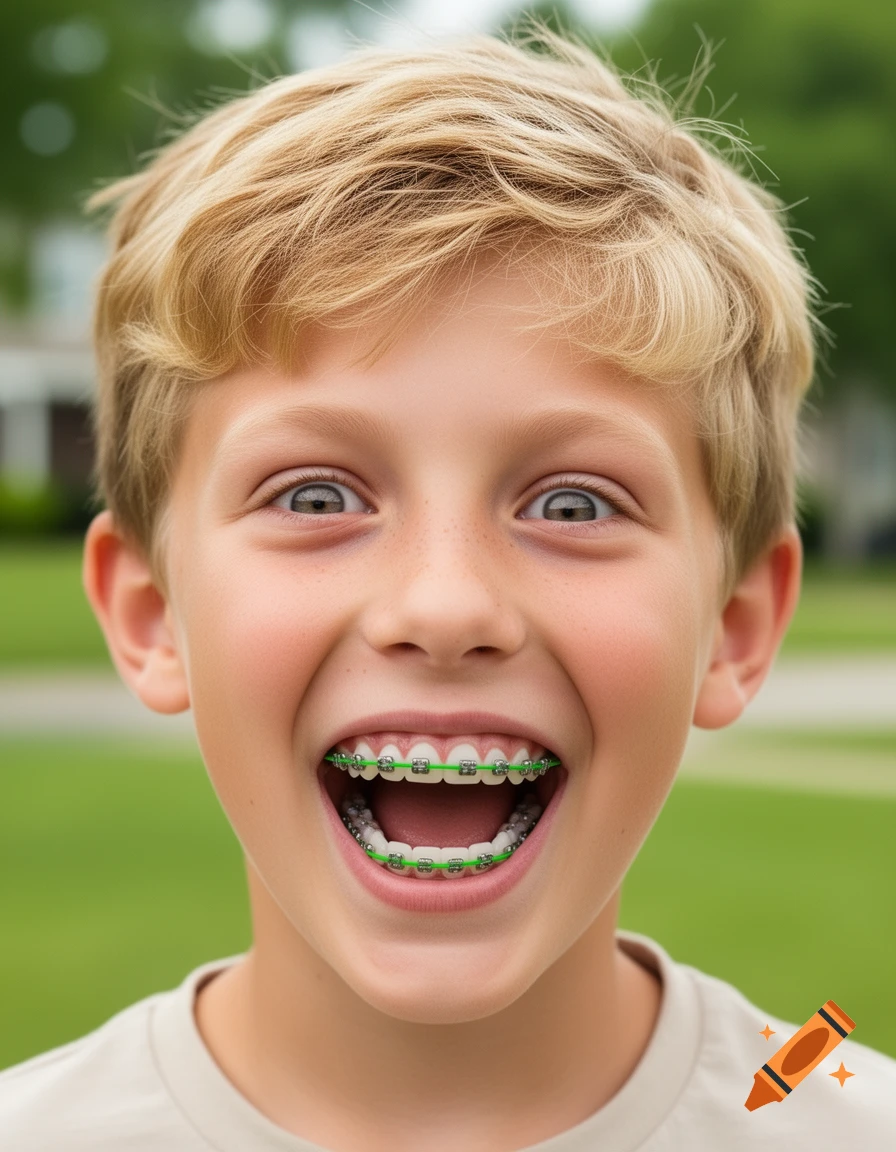 Close-up portrait of a smiling blond boy with green braces, mouth wide open, against a blurred green background.