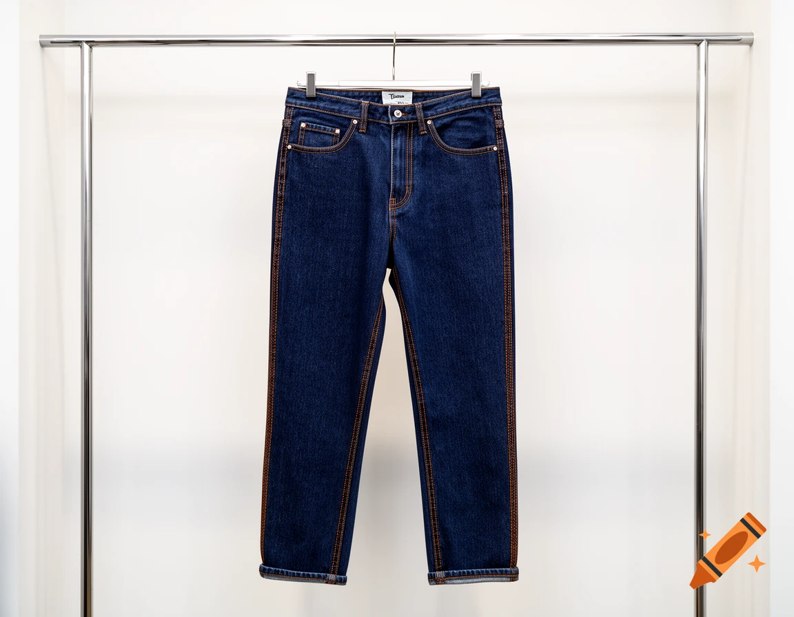 Dark blue jeans with brown stitching hanging on a chrome clothes rack in a retail store setting.