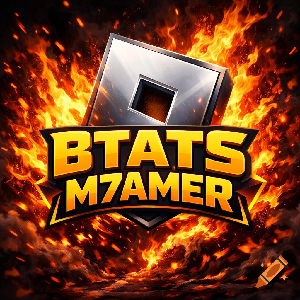 Gaming logo with 'BTATS M7AMER' text, a silver Roblox cube, and an intense fire and smoke background in a 3D esports style.